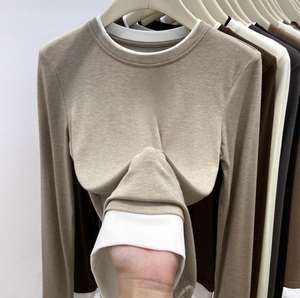 Camiseta Térmica de Manga Larga con <span class=keywords><strong>Cuello</strong></span> <span class=keywords><strong>Redondo</strong></span> para Mujer, Ropa Interior, Camiseta Base, Diseño de Bloques de Color, Top de Otoño Invierno, Estilo Europeo, Terciopelo - Product Image 4