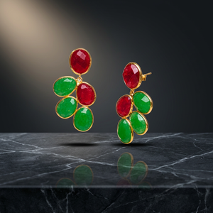 New Arrival Gold Plated Dyed Ruby & Dyed Emerald Quartz 925 Sterling Silver Trendy Pear and Round Shape Drop Earrings - Product Image 3