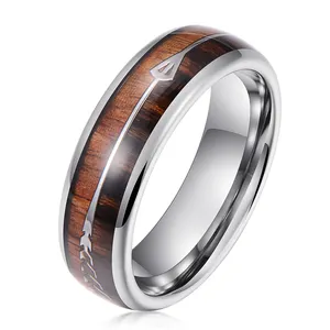 广州批发珠宝戒指饰品6毫米银钨戒指结婚戒指情侣套装Koa木箭镶嵌舒适贴合