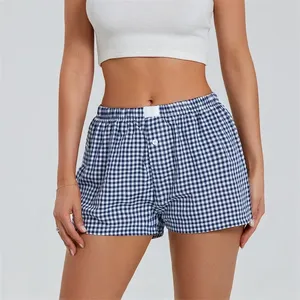 Pantaloncini da Notte a Quadri per <span class=keywords><strong>Donna</strong></span> con <span class=keywords><strong>Bottoni</strong></span> Vita Alta Elastica Vintage Estate 2024 Casual Larghi e Dritti - Product Image 1