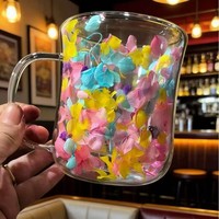 Mug Kaca Dinding Ganda Bunga Kering dengan Gagang, Cangkir Kopi Teh Terisolasi Motif Hydrangea Pink, Hadiah Estetis untuknya, Perlengkapan Minum
