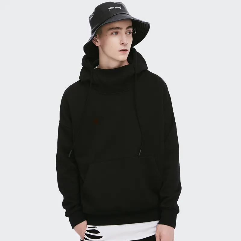 Ağır ağırlık artı kadife moda gevşek hoodie yarım yüksek yaka kapüşonlu süveter çift tarzı büyük boy kazak polar erkek hoodie