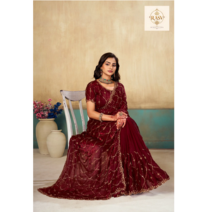 Designer <b>Satin</b> <b>Saree</b> with Intricate Bead Work Elegant Ethnic Outfit for Wedding Reception Engagement Festive Wear - Product Image 3