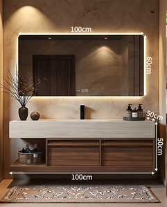 Modern Bathroom Vanity With Led <b>Mirror</b> 100cm Wood Cabinet Stone Basin Contemporary Design Floor Standing - Product Image 2