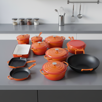 Ensemble de 18 pièces de batterie de cuisine en fonte émaillée au design classique, comprenant un faitout, casseroles et poêles antiadhésives, idéal pour la cuisine domestique