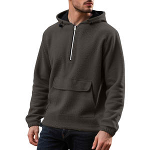 Sweat à capuche pour homme, couleur unie, de haute qualité, doublé en polaire épaisse, demi-zip, poche cargo, pull-over - Product Image 1