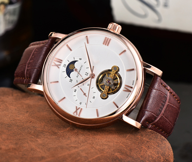 Eta Movement Chronograph Stainless Steel Tourbillon Style Movement Men Moonphase Watch Automatic Mechanical Glass Pointer Dial