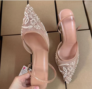 व्हाइट हाई हील्स की महिलाओं के जाल ने टेलेटो एड़ी के पैर की अंगुली के सैंडल की रियर ट्रिप स्ट्रैप आउटडोर हाई टॉप सुपर हाई हील्स ग्रीष्मकालीन - Product Image 4