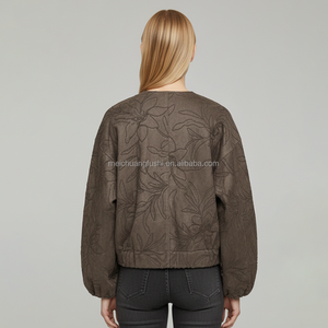 Chaqueta de gamuza personalizada para <span class=keywords><strong>mujer</strong></span> con cuello redondo, cremallera completa y cordón bordado. - Product Image 2