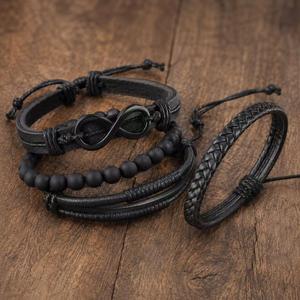Vintage Unisex Women Men Black Bead PU Leather Trendy Feather <b>Crystal</b> Rhinestone Hollow Triangle Multi Layer Engagement <b>Bracelet</b> - Product Image 2