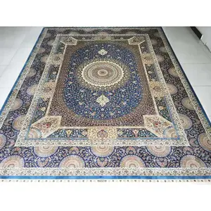 9x12 blue handmade Persian silk carpet high kpi 400 knots per inch Persion style area rugs for bedroom