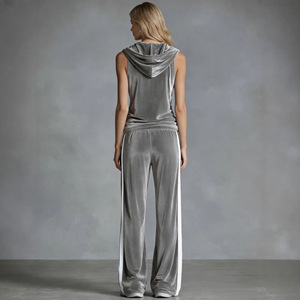 Ensemble deux pièces en velours pour femmes, sans manches, à capuche, pantalon long, décontracté, sportif, confortable, couleur unie, Xs S M L Xl Xxl - Product Image 2