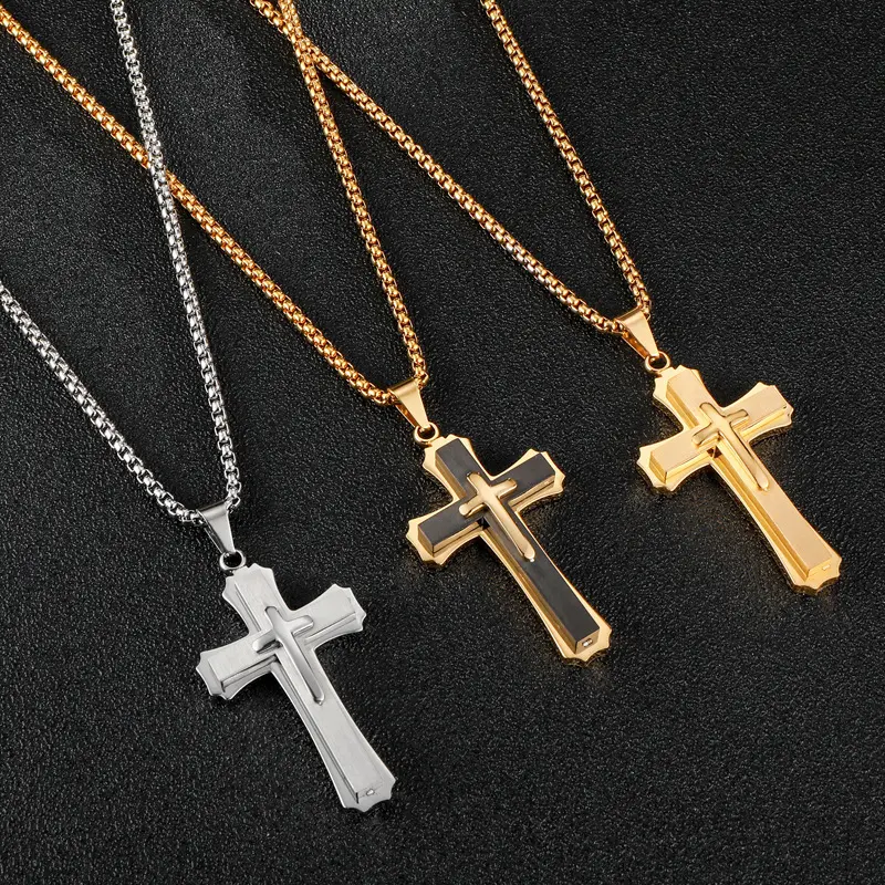 Big Titanium Steel Cross Pendant Necklace for Men Teen Boys Jewelry Three Layers Jesus Cross Crucifix Necklaces with Box Chain