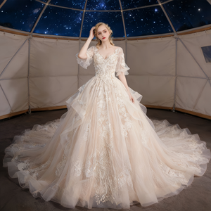 Abito da sposa boho ispirato ad Audrey in taglie forti |   Abito Incantato con Strascico <span class=keywords><strong>Celeste</strong></span> e Scollo a V Profondo - Product Image 3