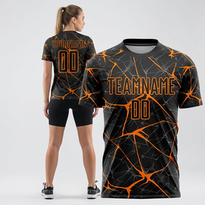 Camiseta de Fútbol Femenina Personalizada con Nombre de Equipo Sublimado 00, Diseño de Grietas en Negro y Naranja, Cuello Redondo, Manga Corta, Absorbe la Humedad, Deportiva - Product Image 3