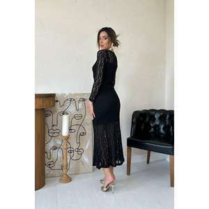 Vestido de satén al por mayor de manga larga con encaje negro, cintura imperio, formal, romántico, silueta en A, cuello corazón, talla XL - Product Image 1