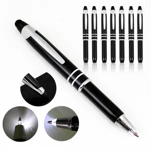 Marka yeni İmza kap tipi mürekkep el feneri kalem Stylus ile özel Logo Metal siyah gövde ve ampul topu tükenmez ballpen