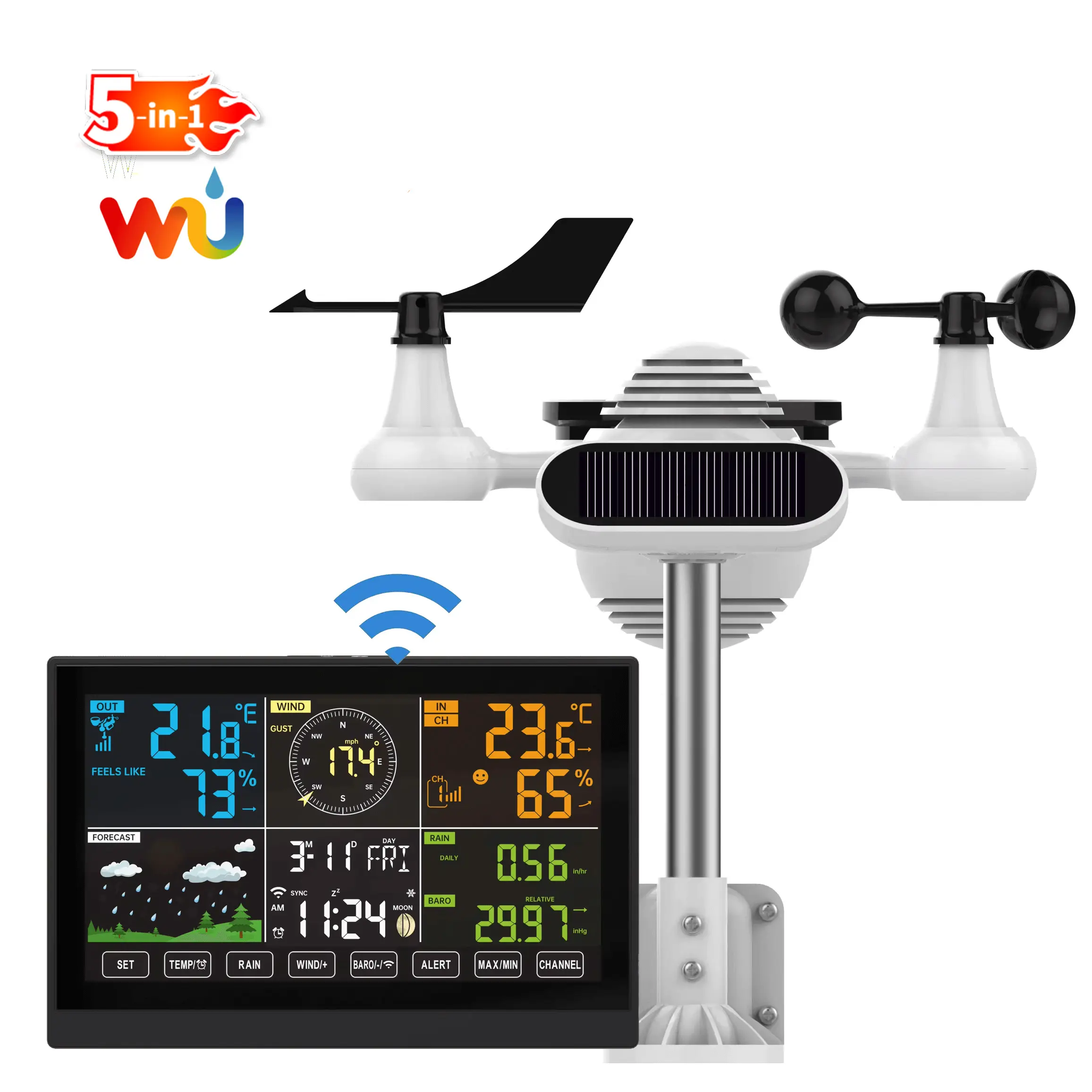 Draadloos Weerstation Met Buitensensor, 5-In-1 Weerstation Met Weersvoorspelling, Temperatuur, Luchtdruk, Vochtigheid