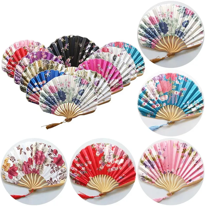 Wholesale Japanese Style Retro Flower Fabric Bamboo Folding Fan for Women Festival Gift Handheld Fan