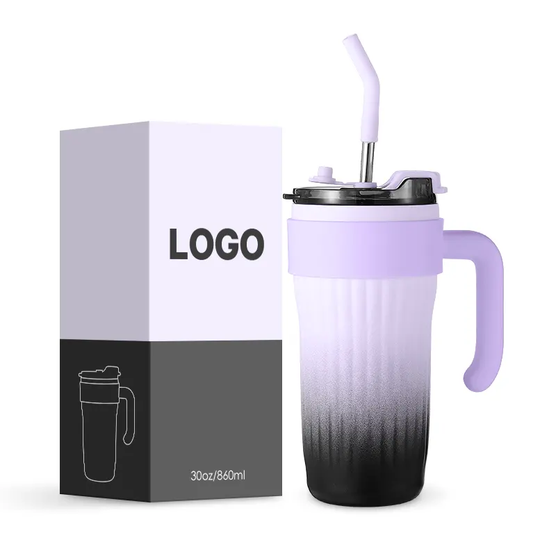 Gelas portabel 860ml Logo kustom dinding ganda baja tahan karat kopi Tumbler Mug Travel kopi dengan tutup dan pegangan