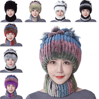 Ensemble chapeau et écharpe en fourrure de lapin Rex véritable, tricoté à la main, chaud et coupe-vent pour l'hiver, pour femmes, vente en gros OEM