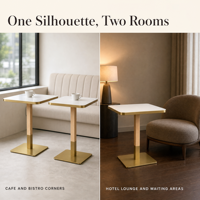 Table de salle à manger carrée de luxe sur mesure en pierre frittée avec base en acier inoxydable doré pour café et restaurant (OEM)