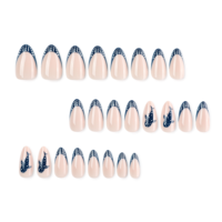 Faux ongles nude amande à presser avec pointes françaises à pois bleu marine, ongles artificiels brillants réutilisables pour manucure de fête 4614