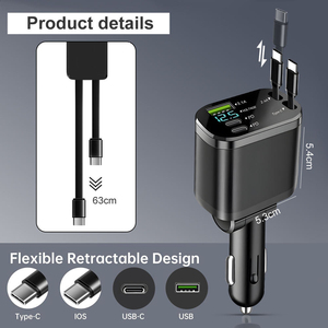 Adaptor pengisi daya mobil 5 dalam 1, adaptor catu daya mobil Super cepat dapat ditarik tampilan LED <span class=keywords><strong>USB</strong></span> Tipe <span class=keywords><strong>C</strong></span> Max 100W - Product Image 4