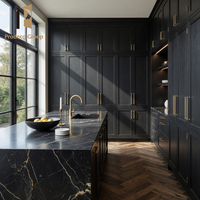 Ensemble de meubles de cuisine modernes haut de gamme en placage de bois pour projet de villa noire, design complet, armoires de rangement pour cuisine domestique