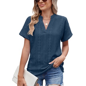 Camiseta de Manga Corta con Cuello en V y Volantes, Estilo Jacquard, para Mujer, Primavera-Verano, Estilo Europeo y Americano - Product Image 2