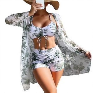 Conjunto de Bikini de 3 Piezas para Niñas con Estampado de Plantas, Top Halter con Cordones, Falda Tejida y Cubrebañador, Spandex/Nylon Transpirable, Tallas 7-12 - Product Image 3