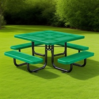 Table de pique-nique carrée en métal vert de 46 pouces, très vendue, avec quatre bancs, design moderne et durable, mobilier d'extérieur pour les écoles