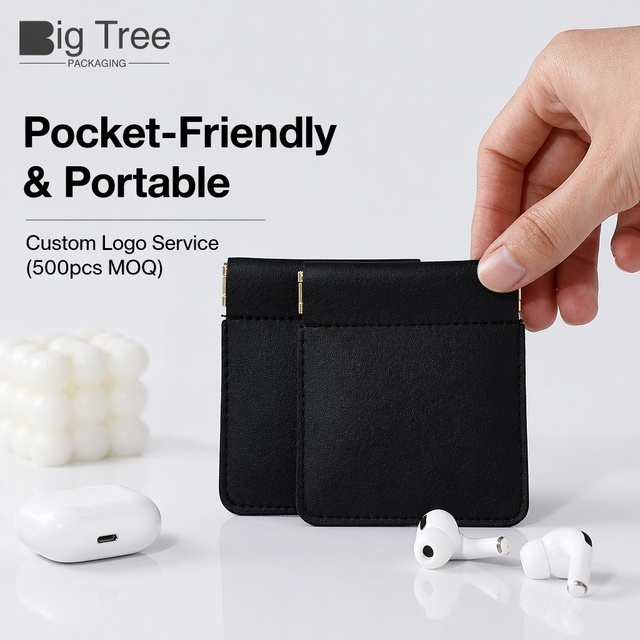 Custom Logo PU Leather Jewelry Pouch for Small Business | Automatic Spring Clip Mini Bag | Portable Travel Earphone Organizer
