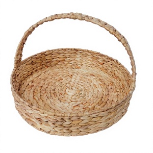 SELA L Handmade Water Hyacinth Round <b>Tray</b> Basket Natural Woven Serving Basket Eco Friendly Home Decor Organizer With Handle - Product Image 1
