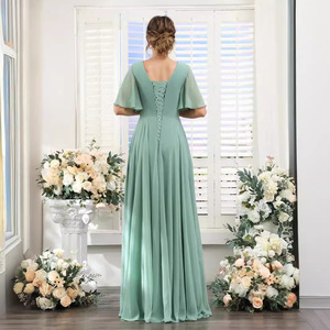 Bridesmaid Dress V-Neck A-Line Satin Long Empire Waist Green Evening Gown for Women - Product Image 3