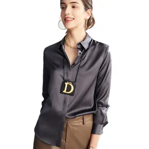 Qualitätssicherung individuelles Logo atmungsaktiv S-XXL grau modisch rohe Seide Damen-Satin-Bluse