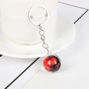 Solar System Metal Double Sided Glass Ball Pendant Key Ring Holder Earth Mars Saturn Galaxy Nebula Key Chain Gifts