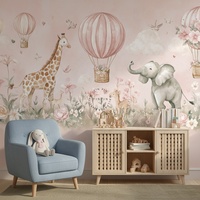 Papier peint mural imperméable rose doux pour chambre d'enfant, thème parc animalier, nuage, montgolfière, girafe, éléphant