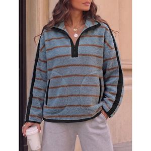 Sudadera de forro polar personalizada para mujer, con cremallera de un cuarto, estilo oversize, a rayas, cálida para invierno, con cuello alto y bolsillos laterales - Product Image 2
