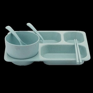 Plateau repas rapide en paille de blé avec bol et ustensiles, matériaux recyclés, pour cantine étudiante et restaurant, assiette compartimentée - Product Image 1