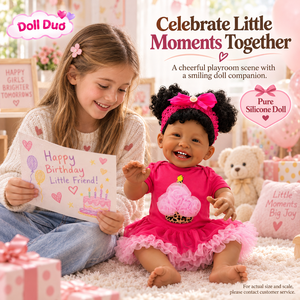 Poupée Duo personnalisée de 18 pouces, corps entier en silicone, bébé reborn, peau foncée, sourire, chignons roses, cadeau de Noël personnalisé pour enfants - Product Image 2