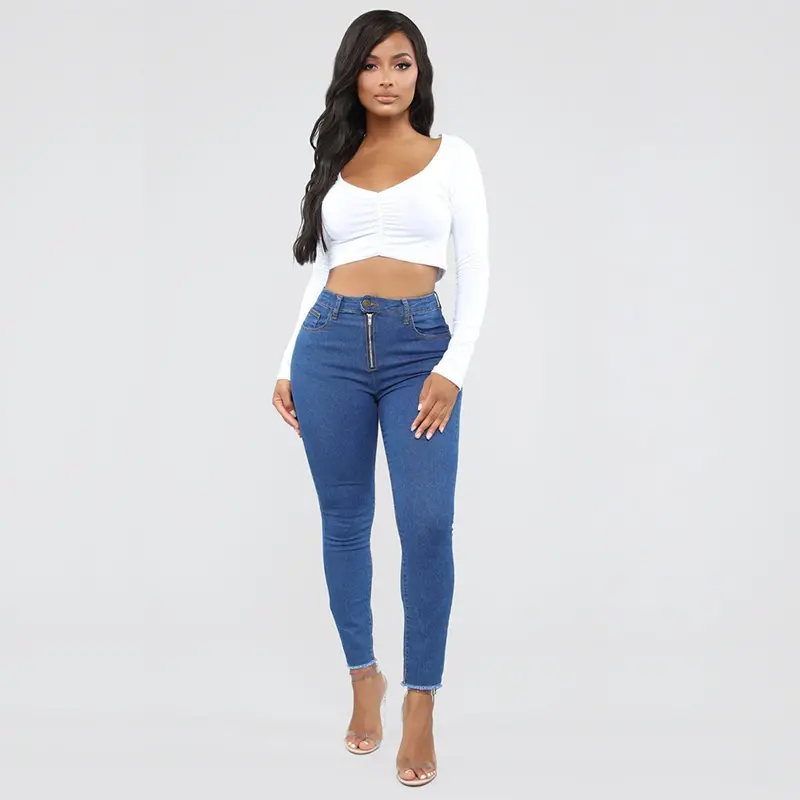 Hot Sale Trendi Wanita Kurus Celana Ritsleting Zip Celana Ketat Celana Pinggang Tinggi Elastis Tinggi Yang Indah Wanita Gadis Denim Jeans
