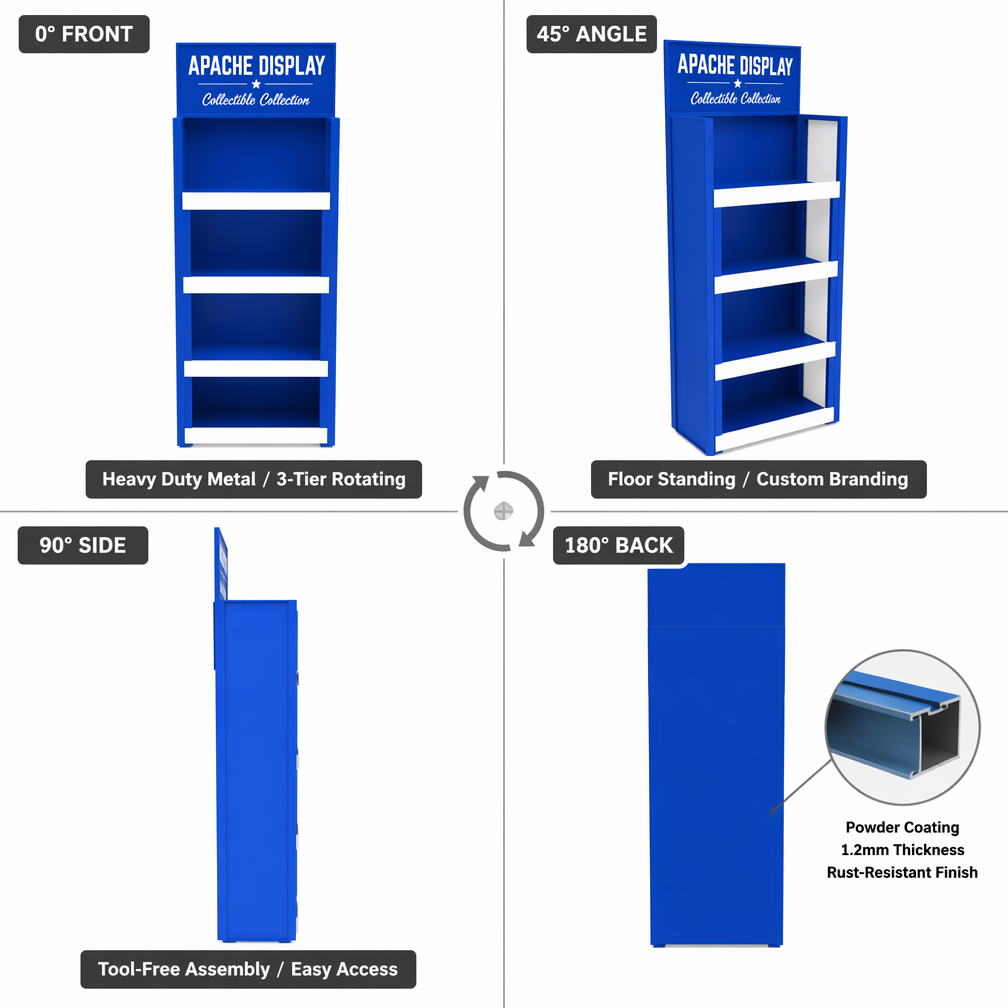 Apache Custom Toy Display Rack 4-Way 4-Tier Metal Figure Merchandiser Knock Down Rotating Stand for Retail Store OEM ODM — view 3