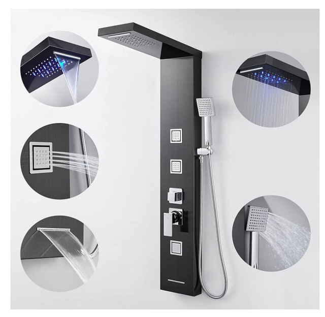 Multifunctional Brushed SUS 304 Stainless Steel Wall-Mounted Hotel Shower Set LED Light Thermostatic Single Handle Shower Column