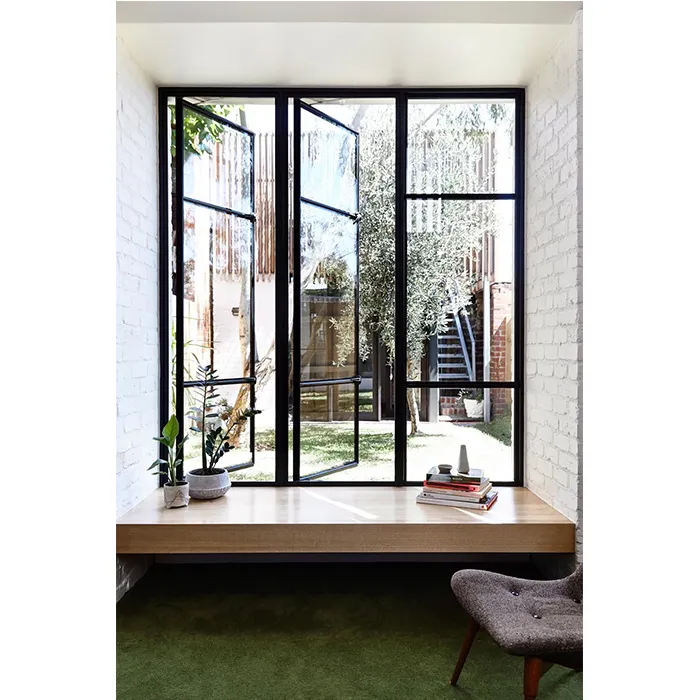 Latest european style swing out narrow frame transparent steel casement window with grill design
