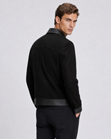Blouson Bomber Homme en Coton et Daim Noir, Coupe Slim Premium, avec Logo Cristal Personnalisé sur le Devant, Style Décontracté Hiver, Contraste Universitaire