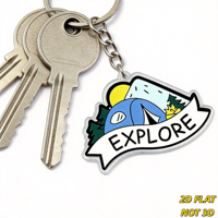 EXPLORE Camping Scene Porte-clés en acrylique, motif tente, montagne et feu de camp avec bannière, breloque transparente durable pour clés, sacs, sacs à dos