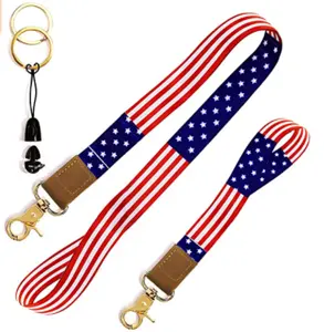 美国国旗挂绳手腕式挂绳钥匙链支架，用于钥匙和腕带的腕带