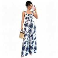 Combinaison sans manches à bretelles spaghetti imprimée et taille smockée, coupe large, pour femme, idéale pour les vacances, la plage et les tenues décontractées – Vente en gros personnalisée