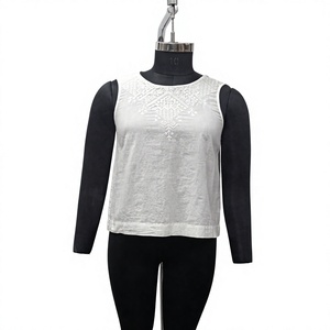 <b>Women's</b> <b>White</b> Embroidered Cotton <b>Tank</b> <b>Top</b> O-Neck Casual Geometric Pattern Knitted Breathable Sleeveless <b>Top</b> - Product Image 1